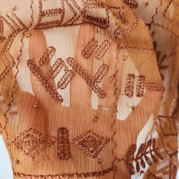 Chico's Silk Embroidered Beaded Blouse Long Sleeve Sheer Chiffon Brown - Picture 6 of 11